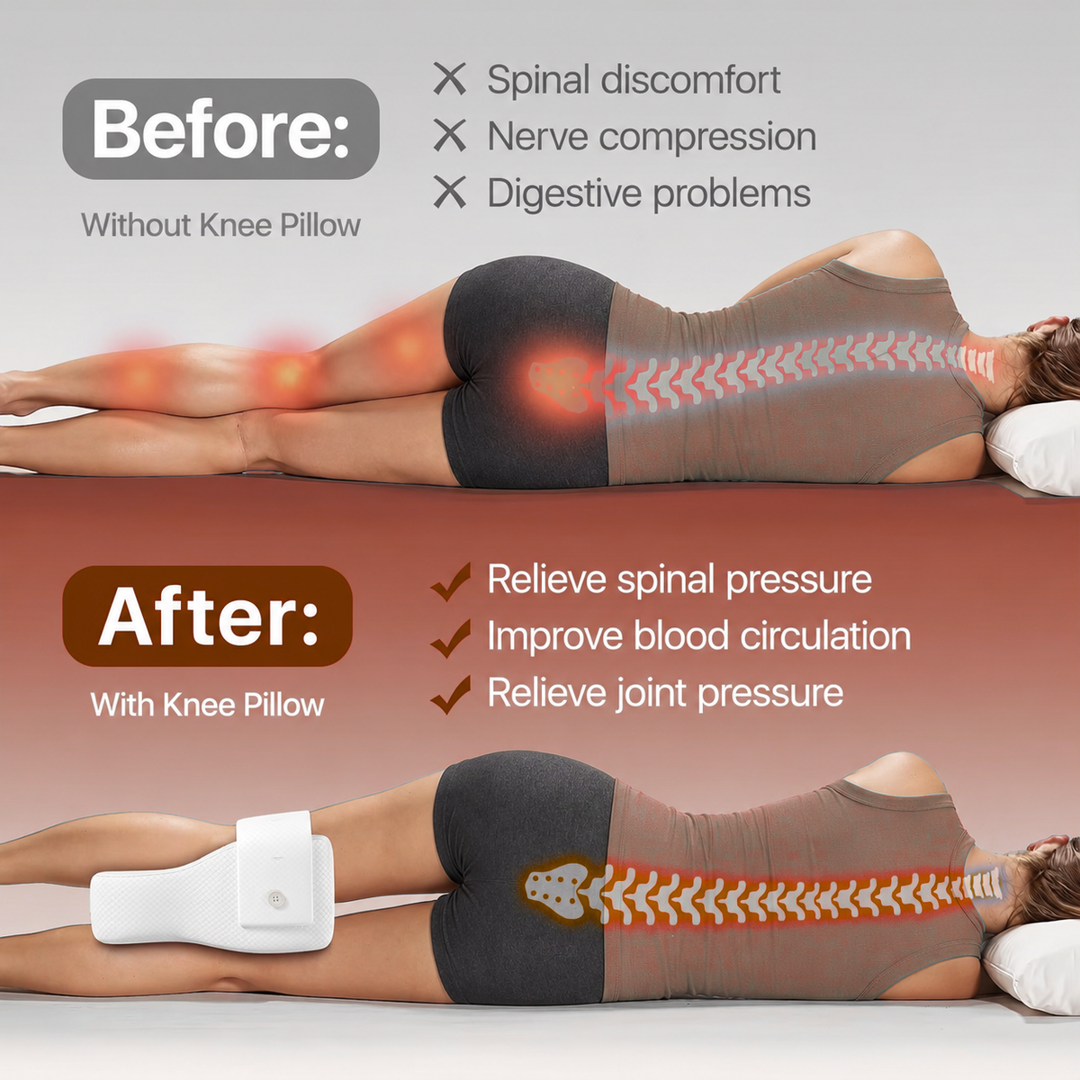 Before and after: pressure relieved through the spine and hips
