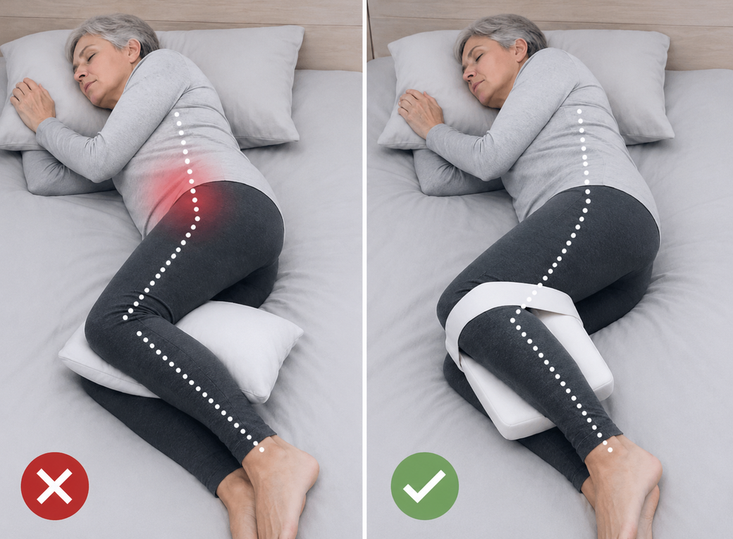 Side sleep pillow between the knees, spine aligned