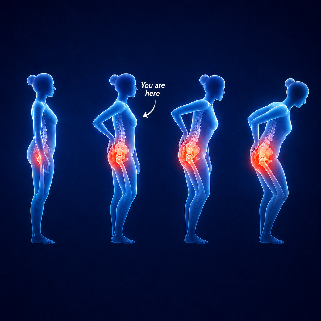 Woman over 40 holding her lower back / hip in bed