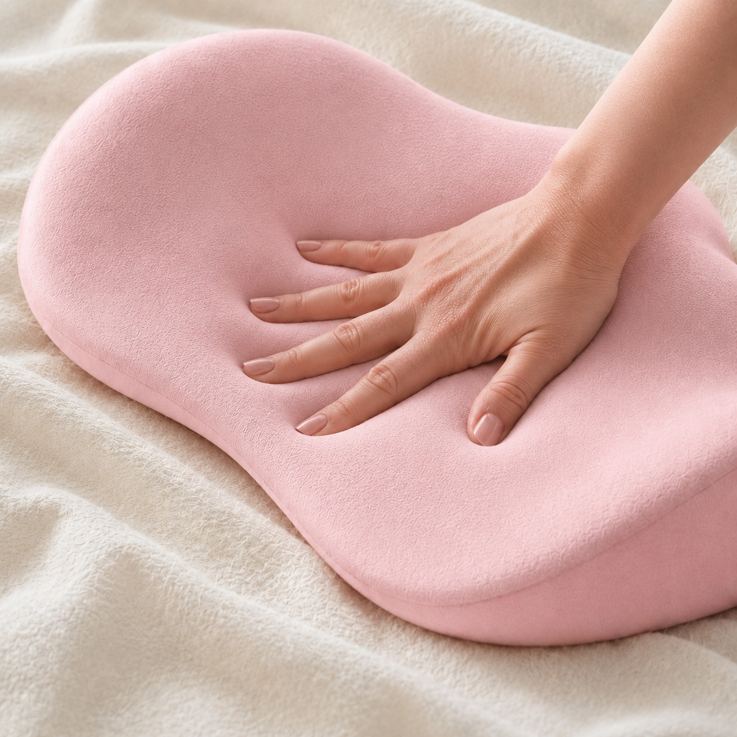 Close-up of the foam, a hand pressing in showing it spring back