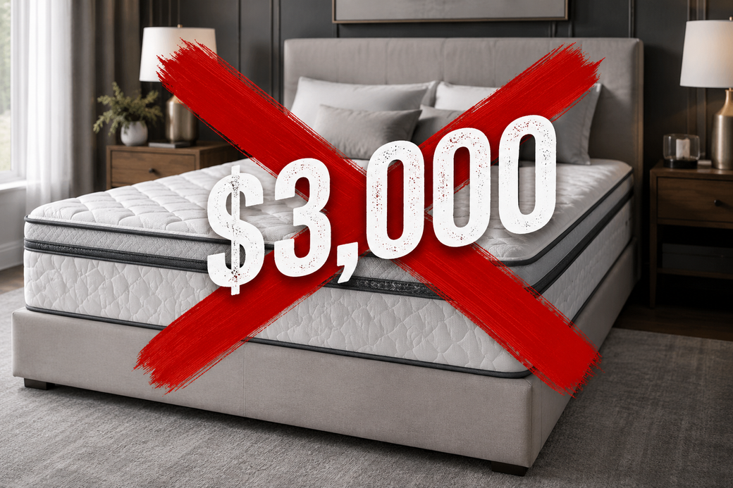 A mattress with a big red X and "$3,000" across it