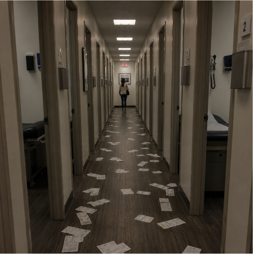 Empty clinic hallway littered with prescription slips