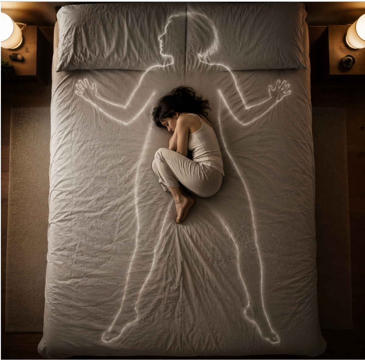 Woman curled up on her side in bed, the faint outline of her former self drawn on the sheets