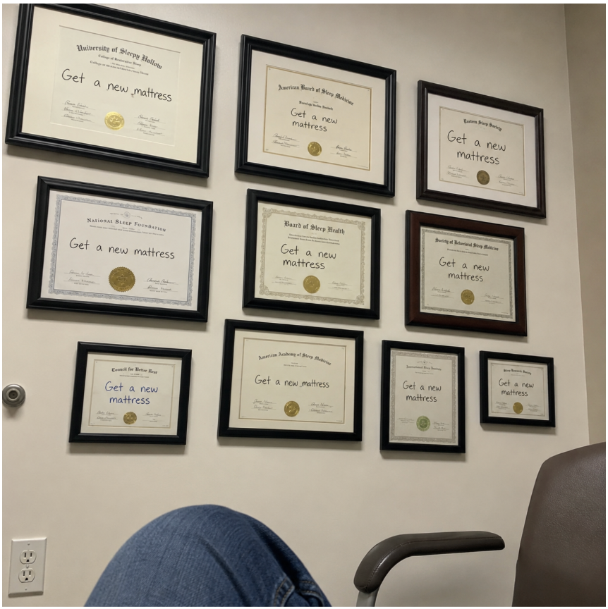 Wall of framed doctor's certificates all reading 'Get a new mattress'