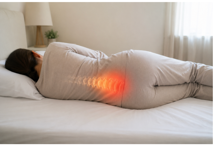 Side sleeper with lower-back pressure highlighted while lying down