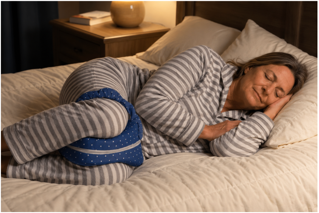 Woman sleeping comfortably on her side with the Aline pillow between her knees