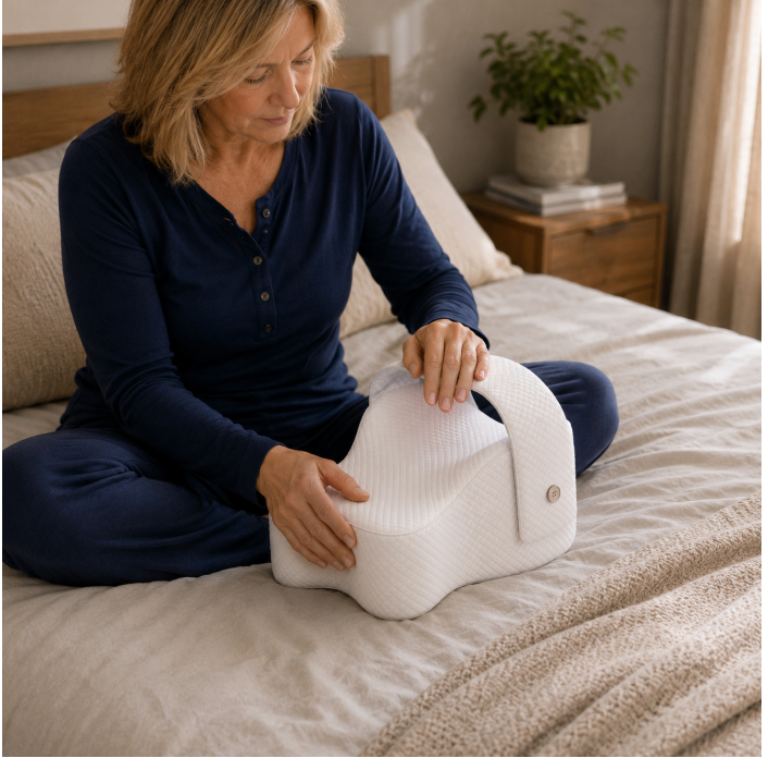 The Aline side sleep pillow on a bed