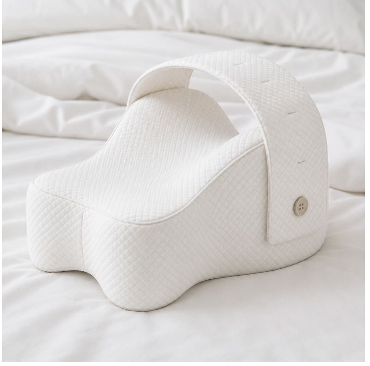 The adjustable strap holding the pillow in place