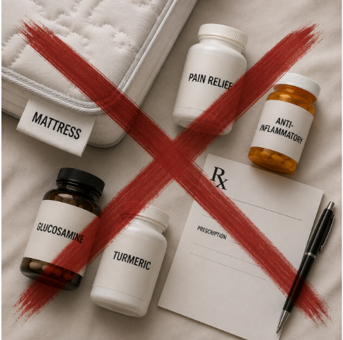 Mattress, supplements and pill bottles crossed out