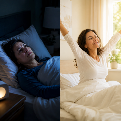 Split: woman in pain vs woman walking happily with grandkids