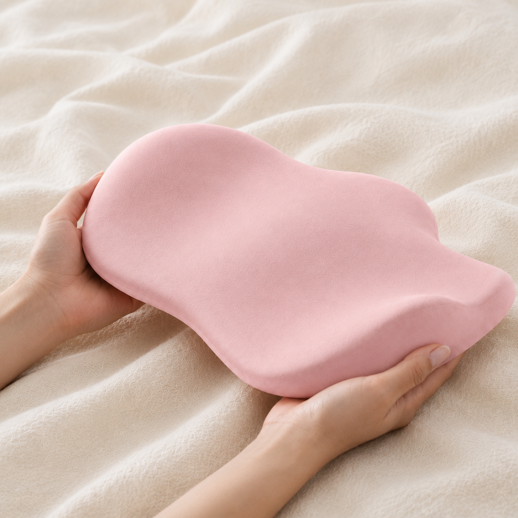 The Aline pillow held in two hands — show how small it really is