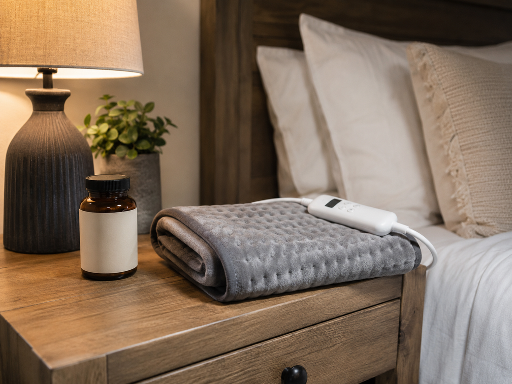 Bedside table — pills and heating pad quietly set aside