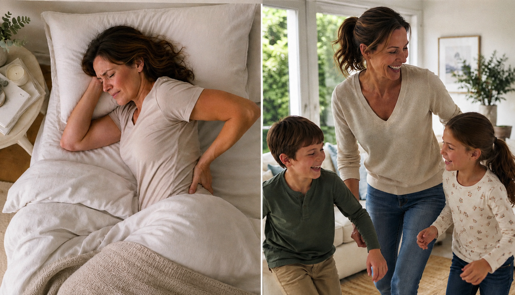 Before / after — overhead sleeping pose, then up and active with the grandchildren