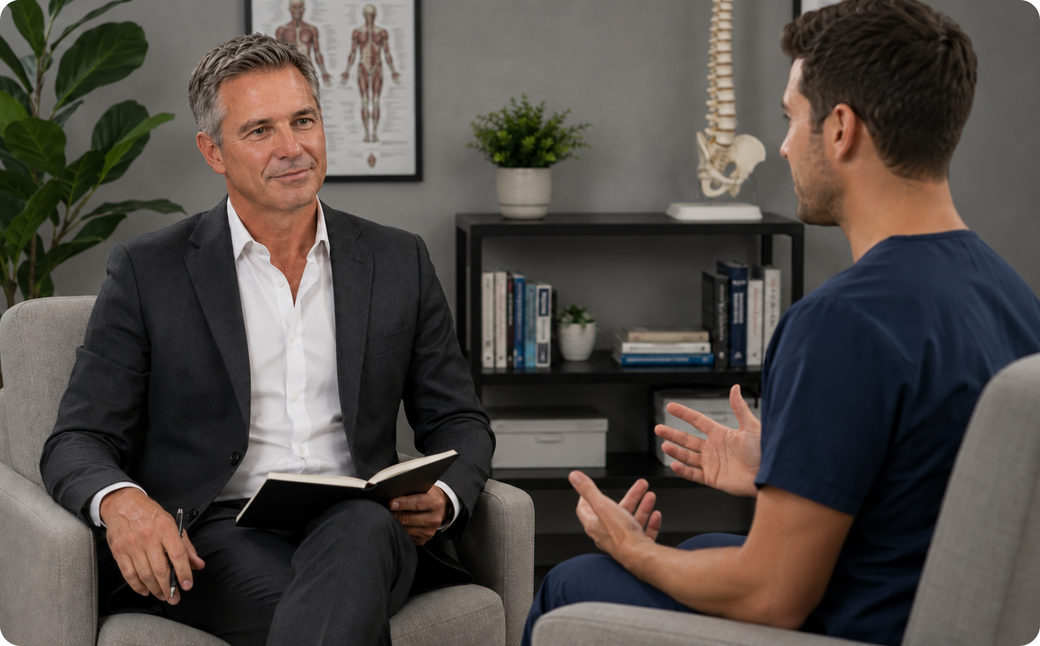 News reporter sitting down for an interview with a physical therapist