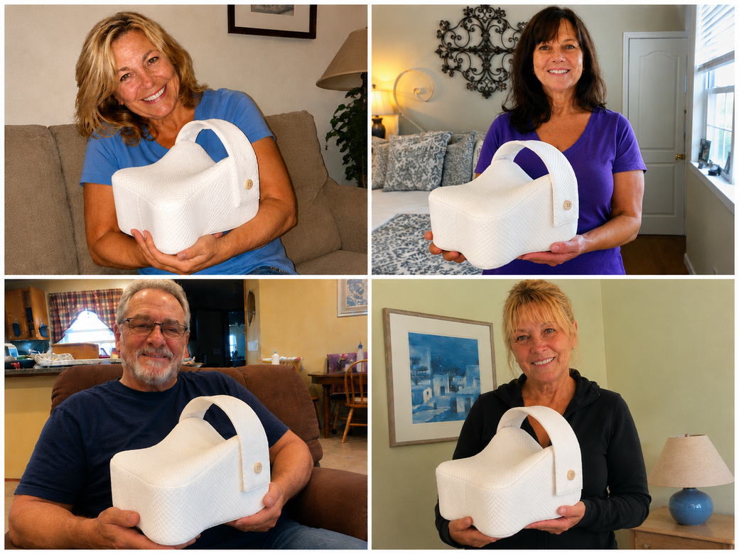 Grid of real customer photos holding the Aline pillow