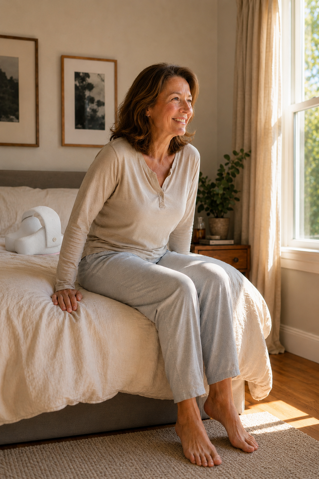 Person in their 50s–60s getting out of bed easily, morning light