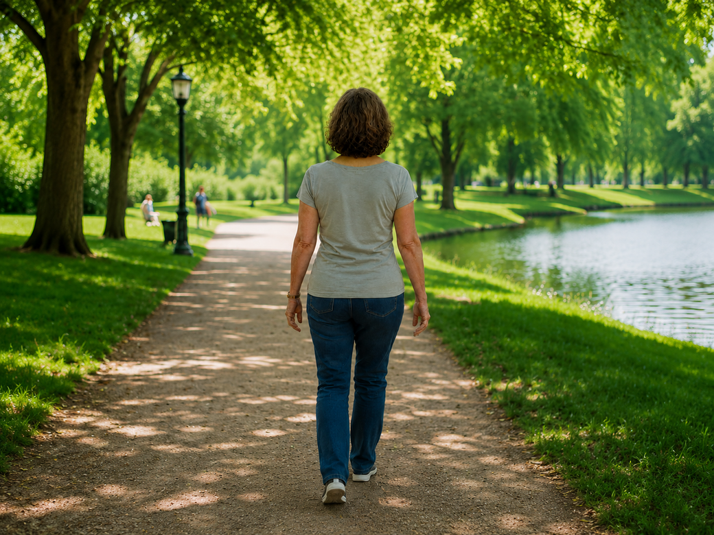 Person walking around the room, pain-free