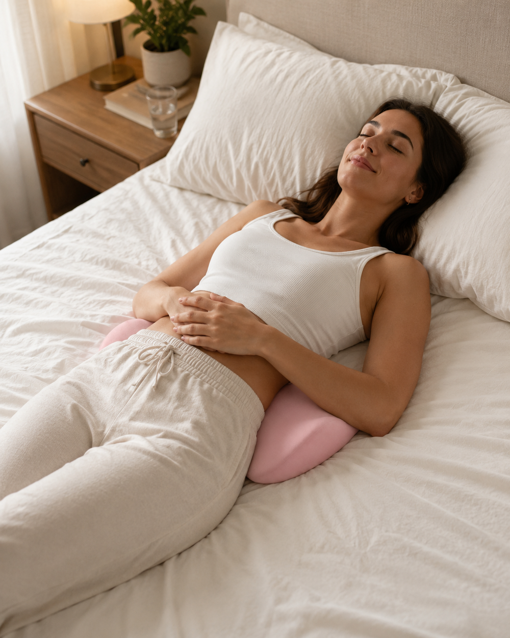 Woman sleeping comfortably, pillow supporting her lower back