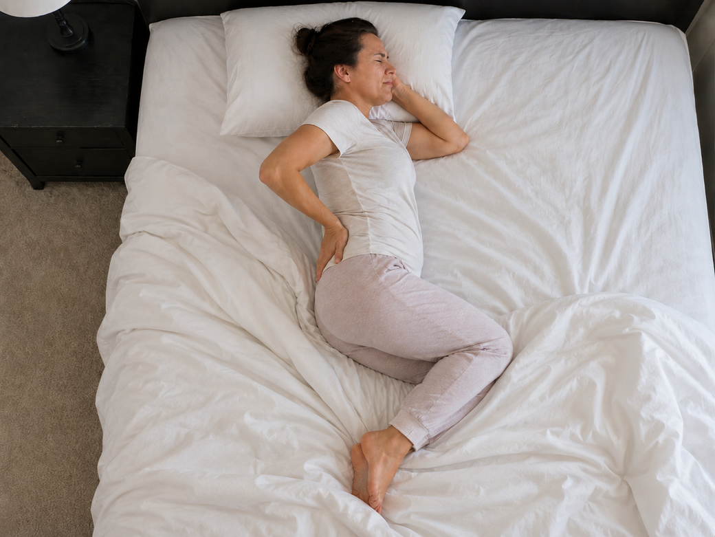 Overhead shot — sleeping on her side, hand resting on her lower back