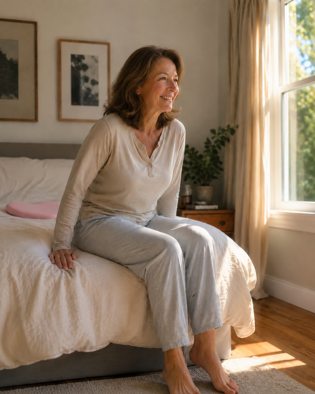 Woman in her 50s–60s getting out of bed easily, morning light
