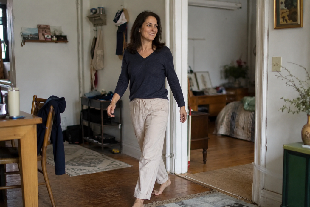 Person walking around the room, relaxed and pain-free