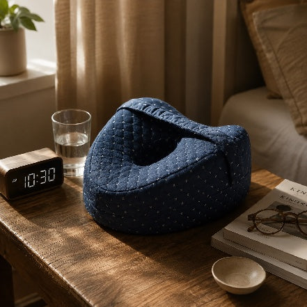 The Aline pillow resting on a nightstand at bedtime