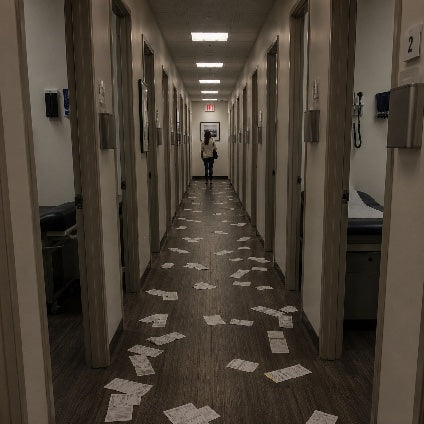 Empty clinic hallway littered with prescription slips