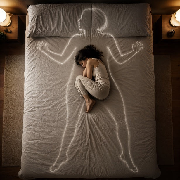 Woman curled up on her side in bed, the faint outline of her former self drawn on the sheets