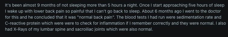 Online forum post describing months of painful, sleepless nights and normal test results